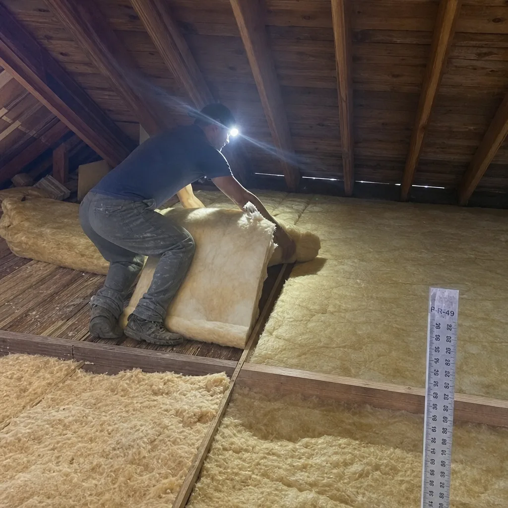 Technician installing fiberglass insulation batts in an attic