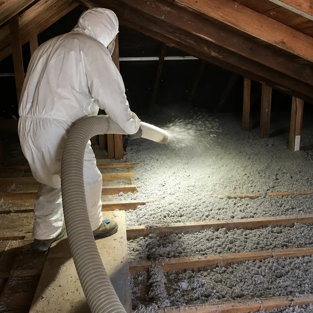 Professional blowing insulation into an attic for home energy efficiency