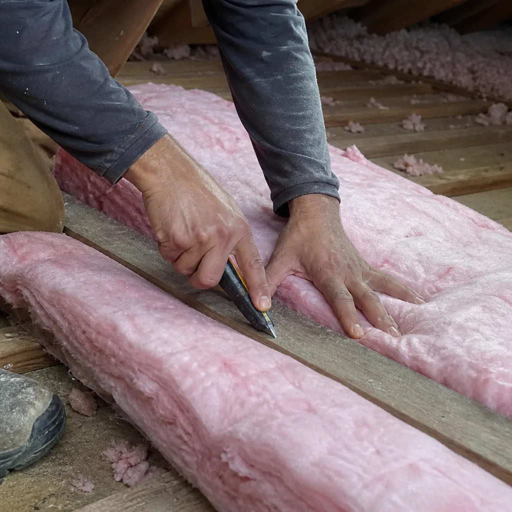 Professional cutting pink fiberglass attic insulation with a utility knife