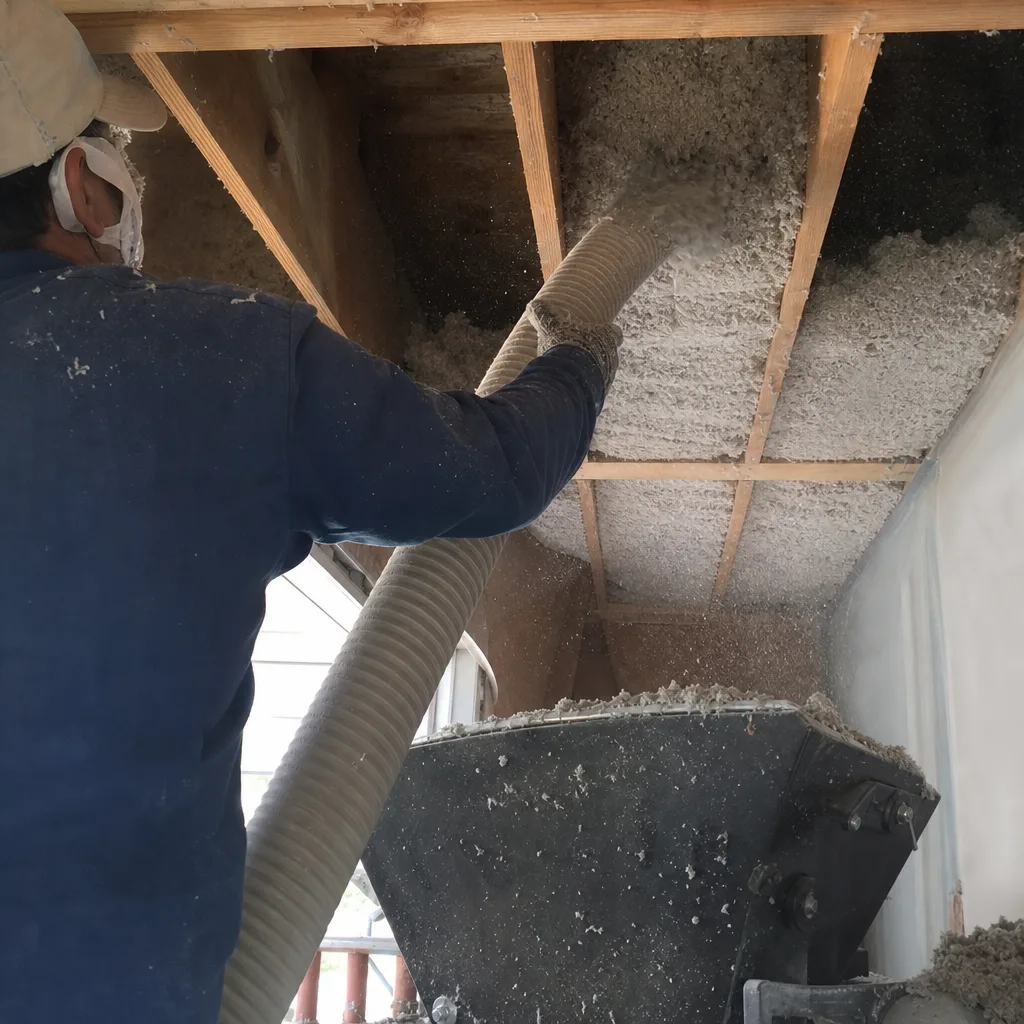 Professional contractor installing blown-in cellulose insulation between ceiling joists
