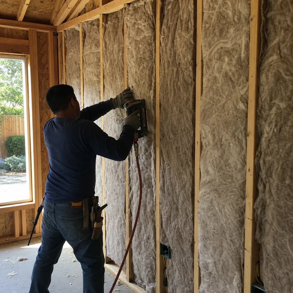 Construction worker installing batt insulation in wall framing.