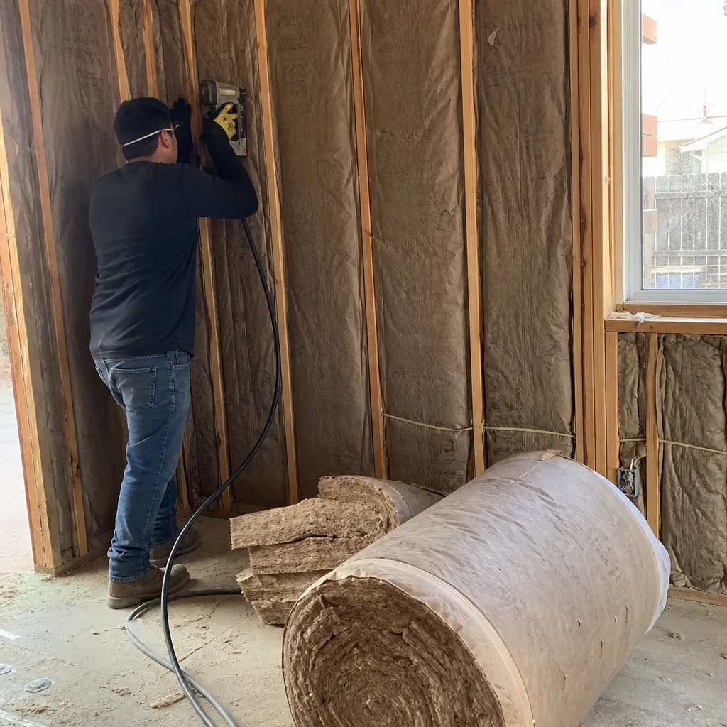 Professional construction worker installing fiberglass batt insulation in wall frame